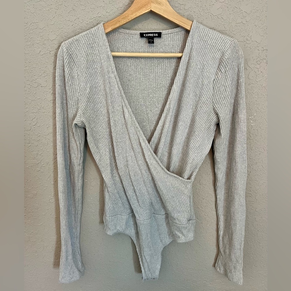 Express Light Gray Long Sleeve Ribbed Wrap Bodysuit